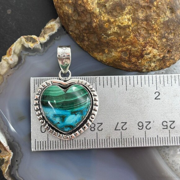 Sterling Silver Southwestern Style Azurite Malachite Heart Pendant For Women - Picture 9 of 10